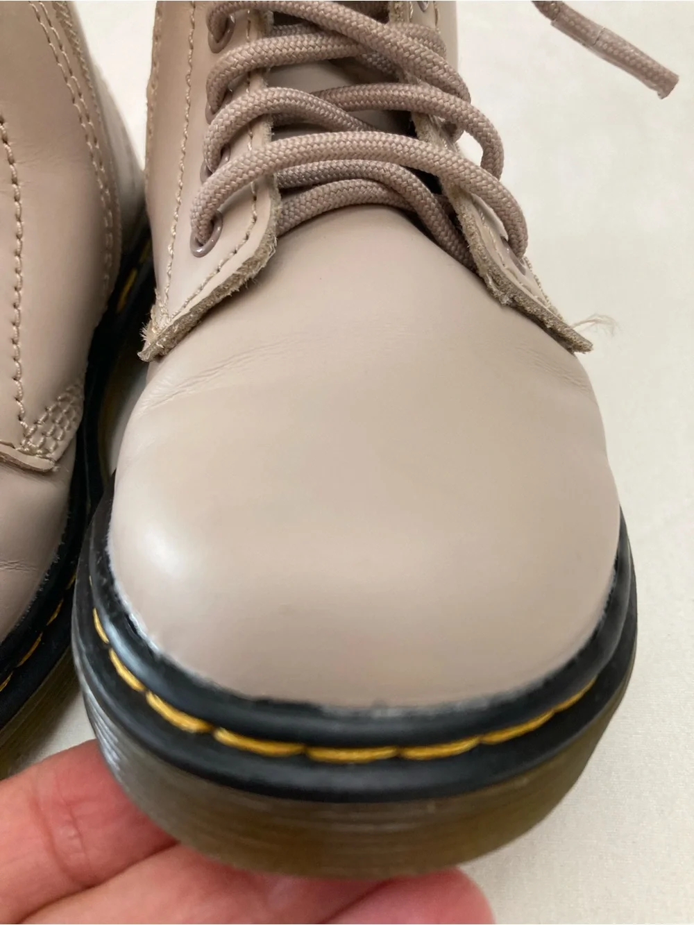 Dr. Martens Taupe Lace-Up Leather Boots With Yellow Stitching size 8 US